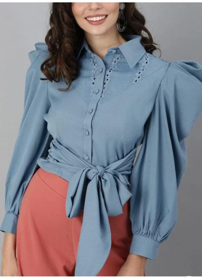 كاجوالي Broderie Panel Crop Shirt with Waist Tie-Up Detail by Styli