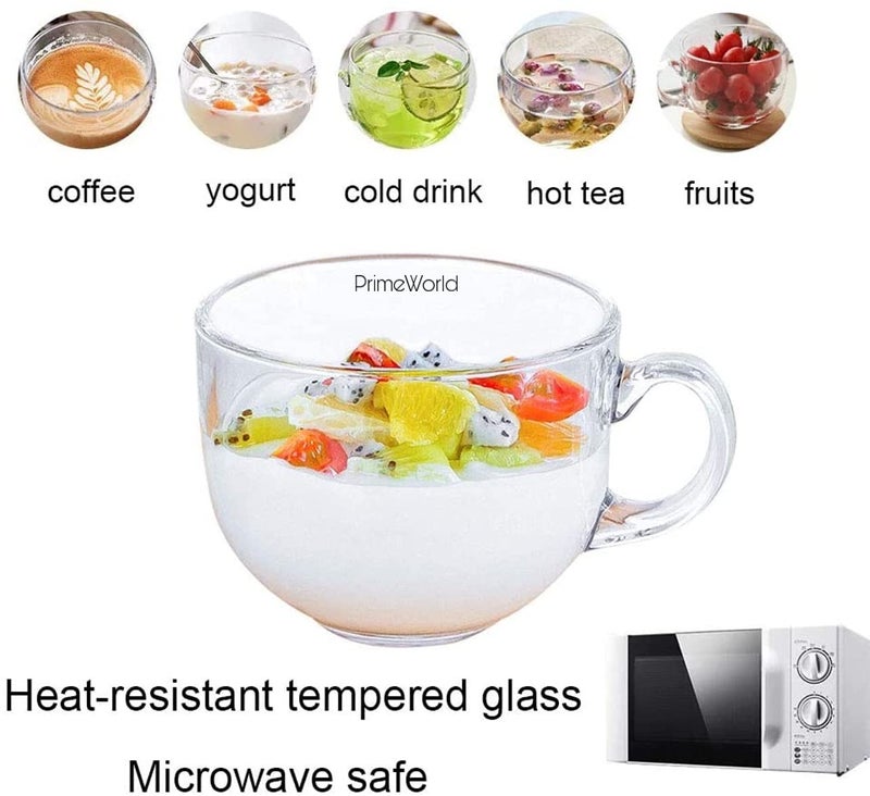 PrimeWorld كوب قهوة زجاجي آمن في غسالة الصحون والميكروويف مع غطاء ومعلقة فولاذية مجموعة من 2 قطعة مع ملعقة خشبية لفطور الشاي والحليب والمشروبات والشوفان والزبادي والنودلز والحساء وغيرها - Image 3