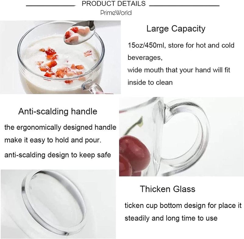 PrimeWorld كوب قهوة زجاجي آمن في غسالة الصحون والميكروويف مع غطاء ومعلقة فولاذية مجموعة من 2 قطعة مع ملعقة خشبية لفطور الشاي والحليب والمشروبات والشوفان والزبادي والنودلز والحساء وغيرها - Image 5