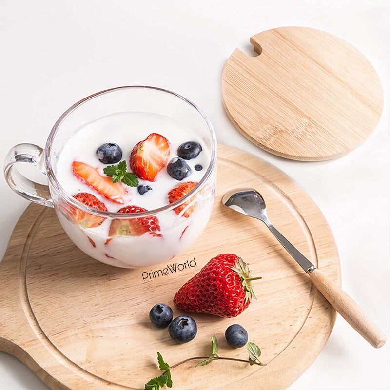 PrimeWorld كوب قهوة زجاجي آمن في غسالة الصحون والميكروويف مع غطاء ومعلقة فولاذية مجموعة من 2 قطعة مع ملعقة خشبية لفطور الشاي والحليب والمشروبات والشوفان والزبادي والنودلز والحساء وغيرها - Image 4