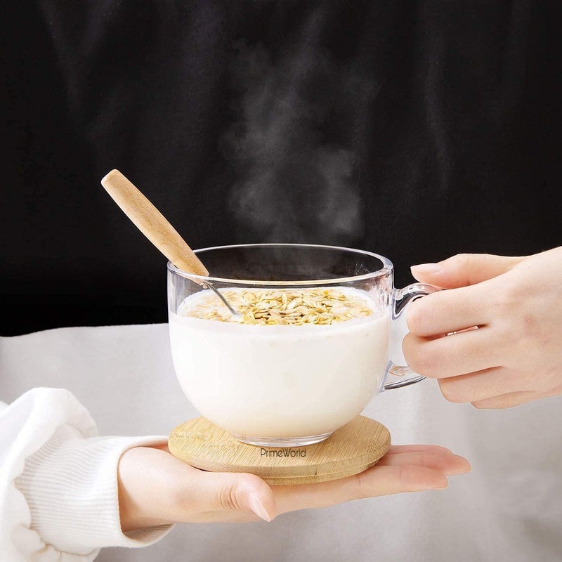 PrimeWorld كوب قهوة زجاجي آمن في غسالة الصحون والميكروويف مع غطاء ومعلقة فولاذية مجموعة من 2 قطعة مع ملعقة خشبية لفطور الشاي والحليب والمشروبات والشوفان والزبادي والنودلز والحساء وغيرها - Image 2