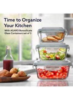 AGARO AGARO Borosilicate Glass Container with Lids, 3 pcs Set, 320ml, 520ml & 800ml, Microwave, Oven & Freezer Safe, Baking Dish, Square, Baking Tray, Scratch Resistant, Transparent  - Image 2