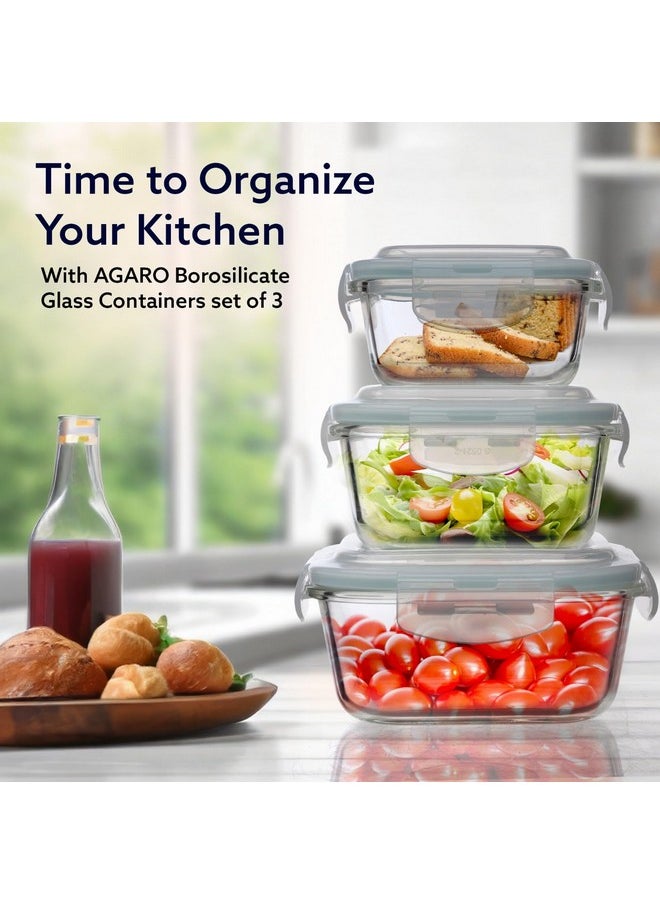 AGARO - AGARO Borosilicate Glass Container with Lids, 3 pcs Set, 320ml, 520ml & 800ml, Microwave, Oven & Freezer Safe, Baking Dish, Square, Baking Tray, Scratch Resistant, Transparent - Image 1