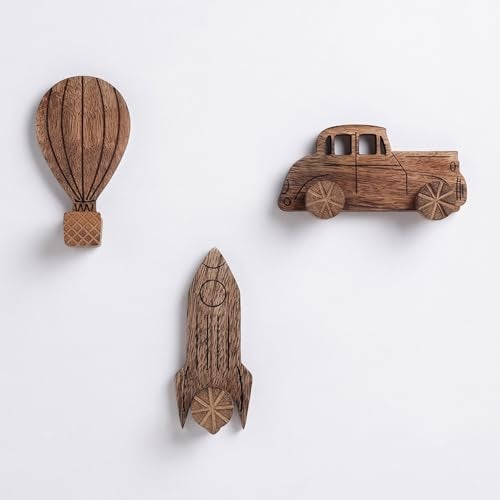 Indian-Shelf 3 Hooks, 6 Strips Wood Adhesive Wall Hooks- Decorative Wall Hooks for Hanging- Boho Sticky Coat Hook Wall Mount- Wooden Towel Hook for Bathrooms - Image 1