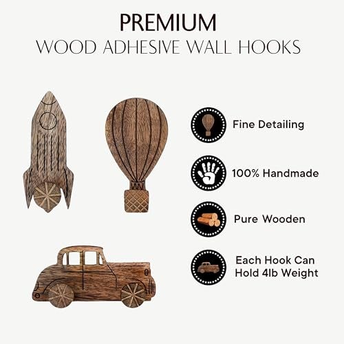Indian-Shelf 3 Hooks, 6 Strips Wood Adhesive Wall Hooks- Decorative Wall Hooks for Hanging- Boho Sticky Coat Hook Wall Mount- Wooden Towel Hook for Bathrooms - Image 3