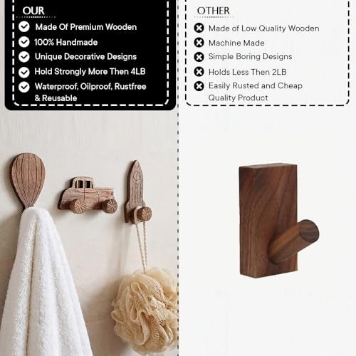 Indian-Shelf 3 Hooks, 6 Strips Wood Adhesive Wall Hooks- Decorative Wall Hooks for Hanging- Boho Sticky Coat Hook Wall Mount- Wooden Towel Hook for Bathrooms - Image 5