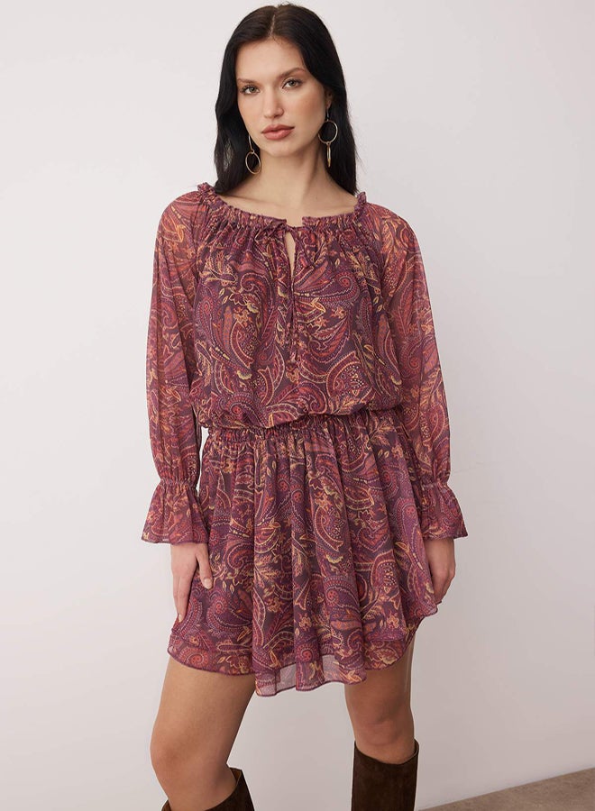 trendyol MultiColored Abstract Ruffled Short/Mini Skater Knitted Dress - Image 3