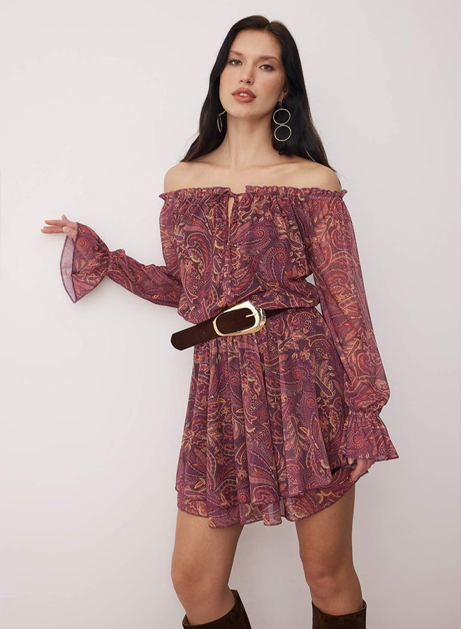 trendyol MultiColored Abstract Ruffled Short/Mini Skater Knitted Dress - Image 2