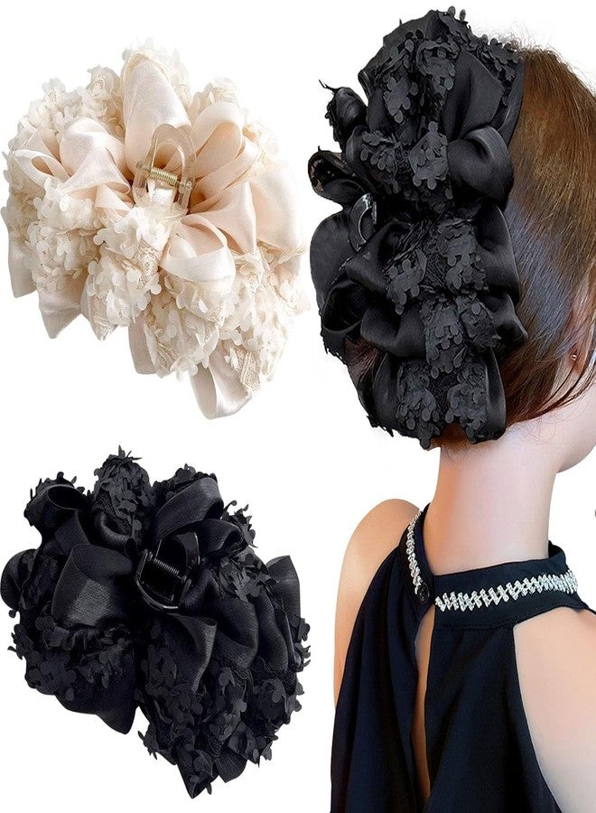 Melodio Floral Hair Bun Clips - 2Pcs Elegant Fabric Flower Hair Clutcher for Women, Formal/Party Hair Accessories, Strong Hold Jaw Clips for Updo Hairstyles (Black & Beige) - Image 1