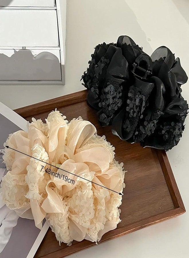 Melodio Floral Hair Bun Clips - 2Pcs Elegant Fabric Flower Hair Clutcher for Women, Formal/Party Hair Accessories, Strong Hold Jaw Clips for Updo Hairstyles (Black & Beige) - Image 3