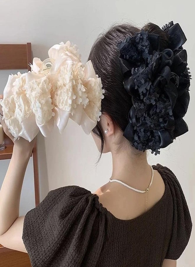 Melodio Floral Hair Bun Clips - 2Pcs Elegant Fabric Flower Hair Clutcher for Women, Formal/Party Hair Accessories, Strong Hold Jaw Clips for Updo Hairstyles (Black & Beige) - Image 2