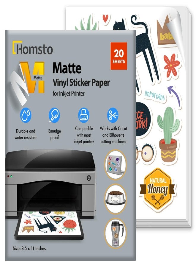 HOMSTO Printable Vinyl Sticker Paper for Inkjet Printer - Self Adhesive Matte Waterproof Sticker Paper - 20 Sheets 8.5x11 - Easy Cut & Peel, Premium Quality Sticker Printer Paper for Crafts, Labels, Decals - Image 1