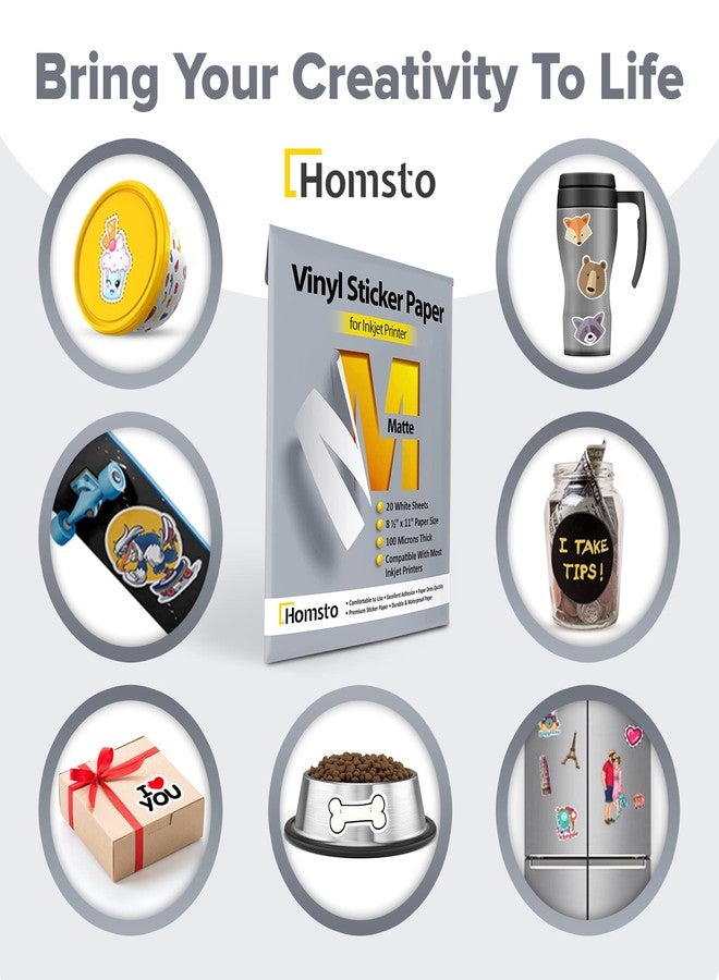 HOMSTO Printable Vinyl Sticker Paper for Inkjet Printer - Self Adhesive Matte Waterproof Sticker Paper - 20 Sheets 8.5x11 - Easy Cut & Peel, Premium Quality Sticker Printer Paper for Crafts, Labels, Decals - Image 2