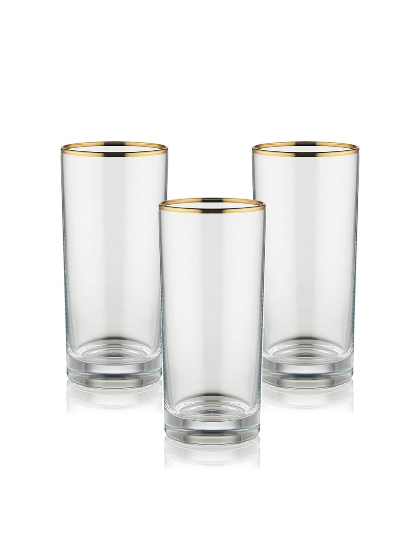 BLACKSTONE Set of 3 Gold Rim Long Glass Double Old Fashioned Rocks Glass 380ML, Made In Turkey  - Image 1