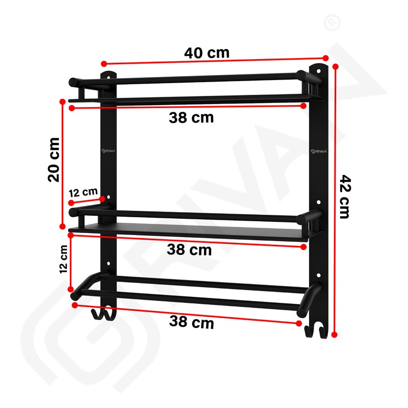 GRIVAN Stainless Steel Multipurpose Double Layer Bathroom Shelf with Towel Road Racks Wall Mount Bath Shelf Organizer, Bathroom Accessories (Black Matte Finish) - Image 3