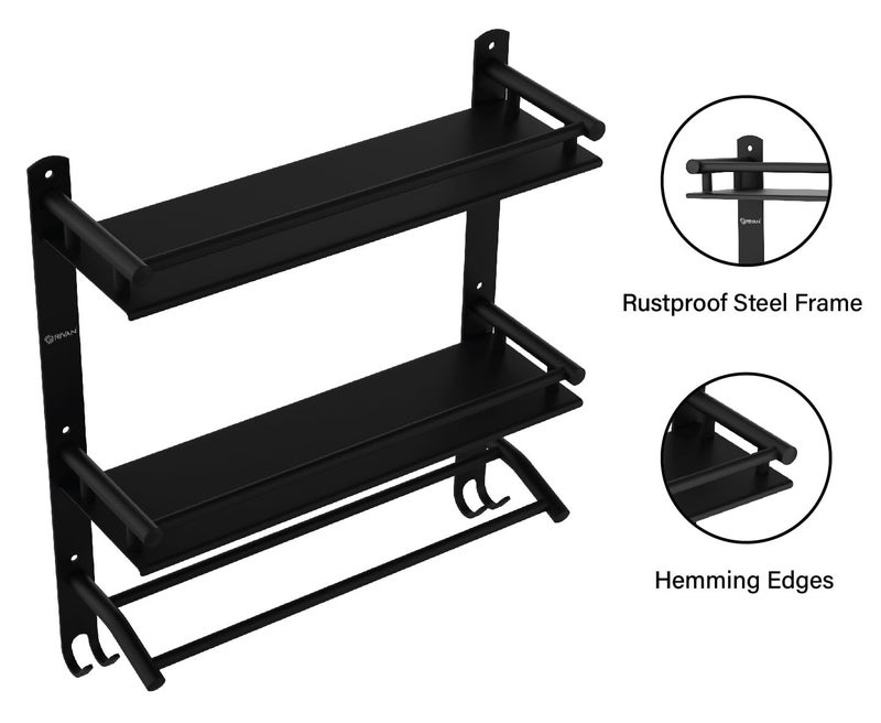 GRIVAN Stainless Steel Multipurpose Double Layer Bathroom Shelf with Towel Road Racks Wall Mount Bath Shelf Organizer, Bathroom Accessories (Black Matte Finish) - Image 5
