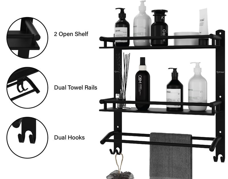 GRIVAN Stainless Steel Multipurpose Double Layer Bathroom Shelf with Towel Road Racks Wall Mount Bath Shelf Organizer, Bathroom Accessories (Black Matte Finish) - Image 4