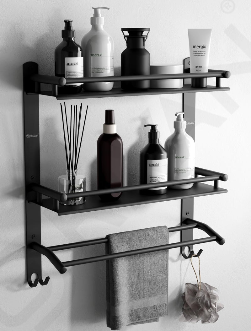 GRIVAN Stainless Steel Multipurpose Double Layer Bathroom Shelf with Towel Road Racks Wall Mount Bath Shelf Organizer, Bathroom Accessories (Black Matte Finish) - Image 1