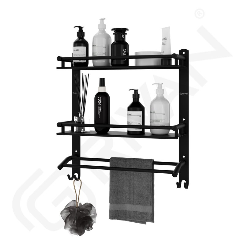 GRIVAN Stainless Steel Multipurpose Double Layer Bathroom Shelf with Towel Road Racks Wall Mount Bath Shelf Organizer, Bathroom Accessories (Black Matte Finish) - Image 2