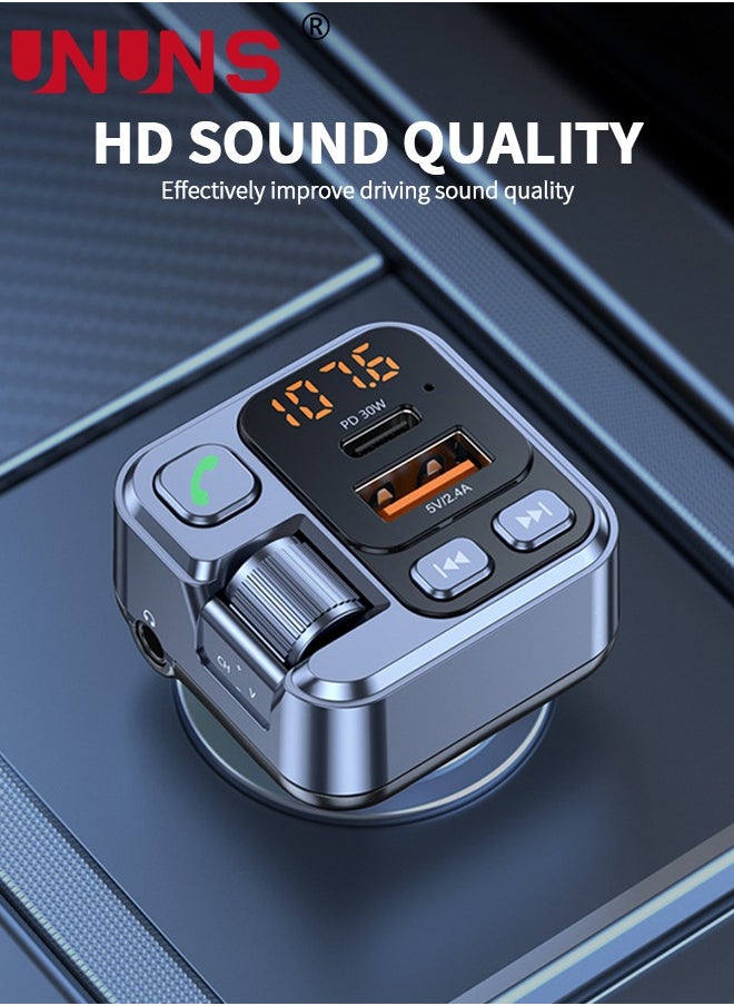 UNUNS - Bluetooth 5.1 FM Transmitter For Car, PD 30W QC 3.0 USB Fast Charger Music Radio Adapter,Wireless Bluetooth Adapter MP3 Player,HiFi Bass Sound,Hands-Free Call,Siri Google Assistant - Image 1