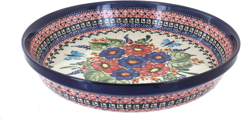 Blue Rose Pottery طبق فطيرة مزخرف بالورود الزرقاء من الفخار البولندي مع فراشات - Image 1