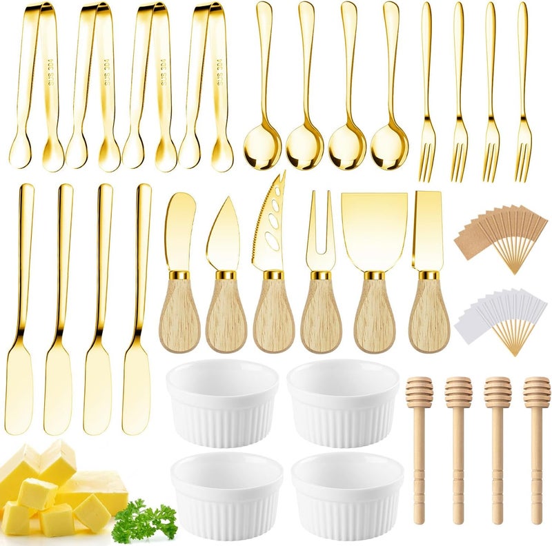 Mlurcu Charcuterie Boards Accessories Gold Charcuterie Utensils Cheese Butter Spreader Knife Set Small Serving Tongs Forks and Spoons Dipping Bowls Honey Dippers Toothpick Flags for Party Platter Making - Image 1
