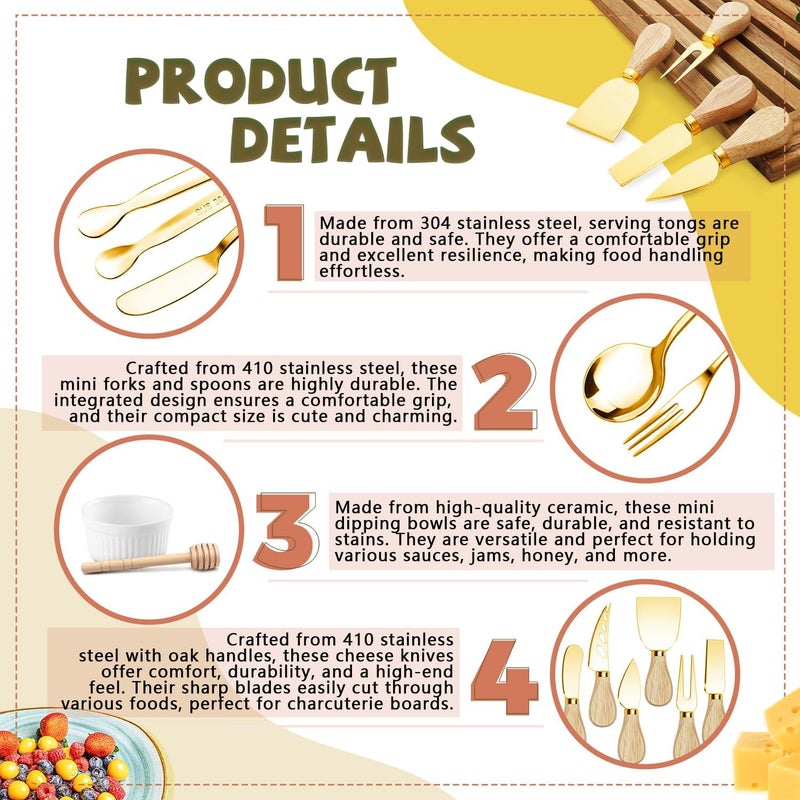 Mlurcu Charcuterie Boards Accessories Gold Charcuterie Utensils Cheese Butter Spreader Knife Set Small Serving Tongs Forks and Spoons Dipping Bowls Honey Dippers Toothpick Flags for Party Platter Making - Image 3