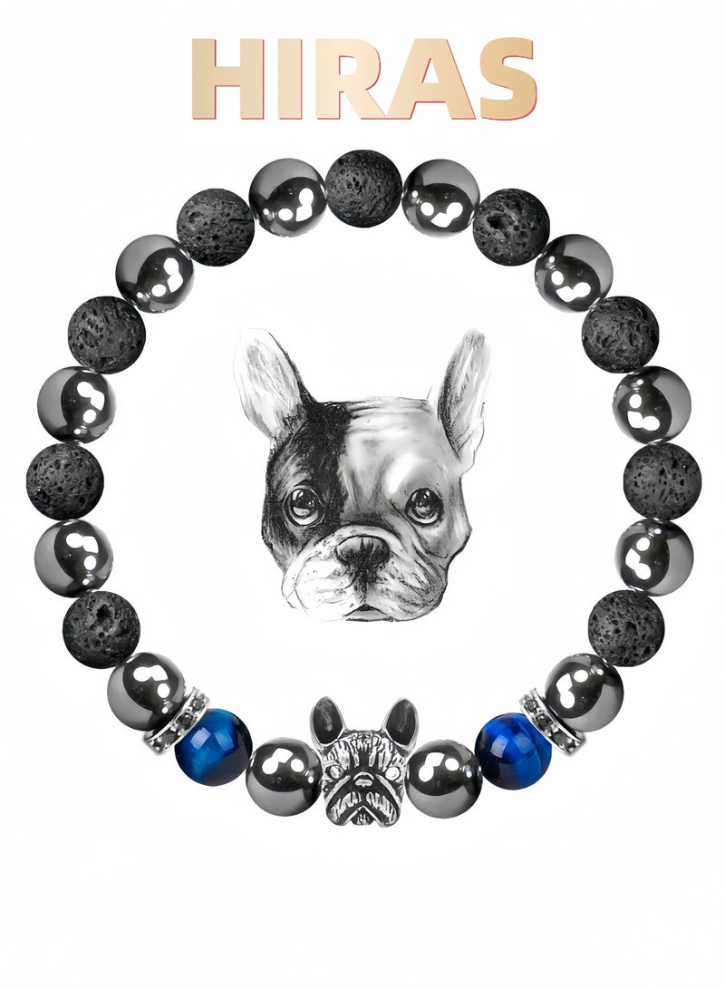 Black Agate Beaded Bracelet, Bulldog Charm Magnetic Hematite Bracelet Fashionable Spirit Animal Elements, Bringing Strength and Courage, Gift for Men and Women