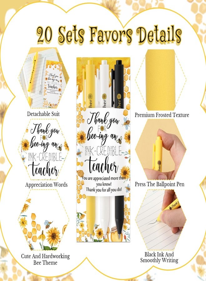 Chivertion 20 Sets Teacher Appreciation Gifts Bulk Cute Bee Sunflower Retractable Ballpoint Pens (3 Colors/Set) Thank You Teacher Bookmarks Black Ink for School Office - Image 3