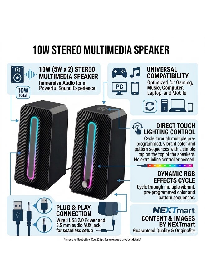 Multimedia Computer Speaker Wired – 10W (5W*2.0 Channel Stereo) – Dynamic RGB Lighting &Touch Control - USB 2.0 Power + 3.5 mm Audio Jack – for PC / Gaming /Music / Mobile - Image 2