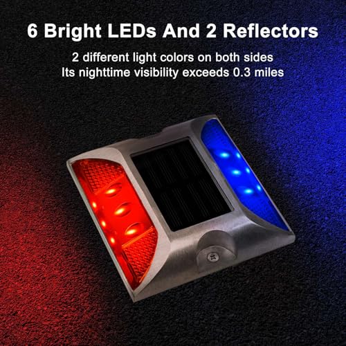 Aolyty Solar Driveway Lights Outdoor, Bright Solar Dock Lights, LED Warning Light Reflective Road Marker Steady Light IP65 Waterproof for Deck Sidewalk Stair Step Pathway (Red & Blue, 2 Pack) - Image 3