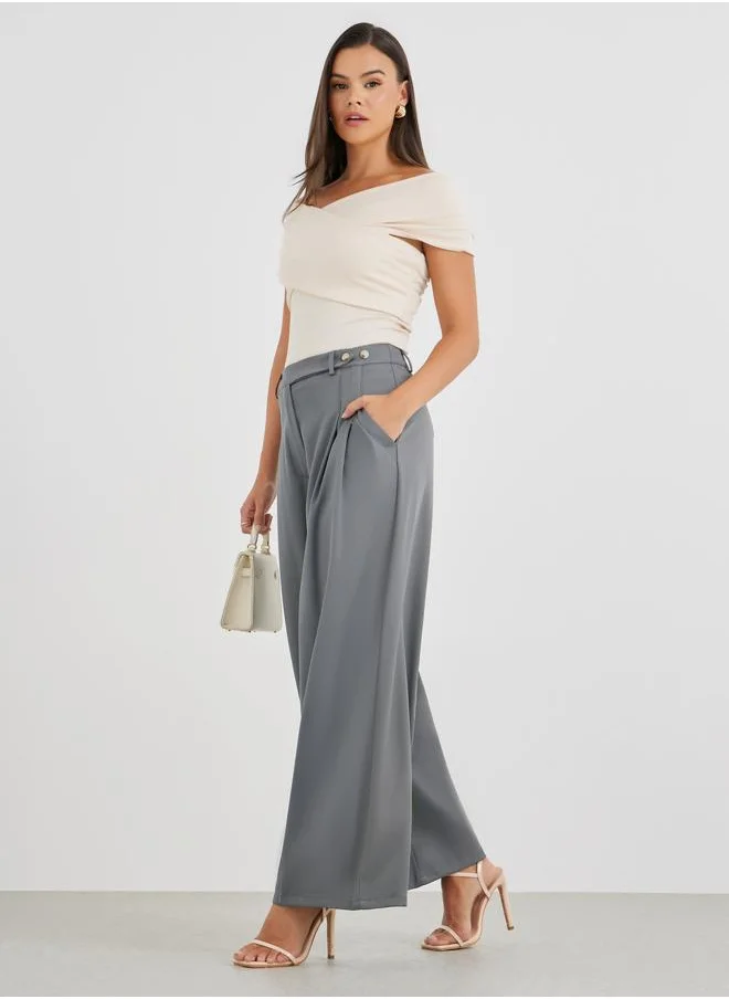 ستايلي Styli Mid Rise Wide Leg Pleated Pants