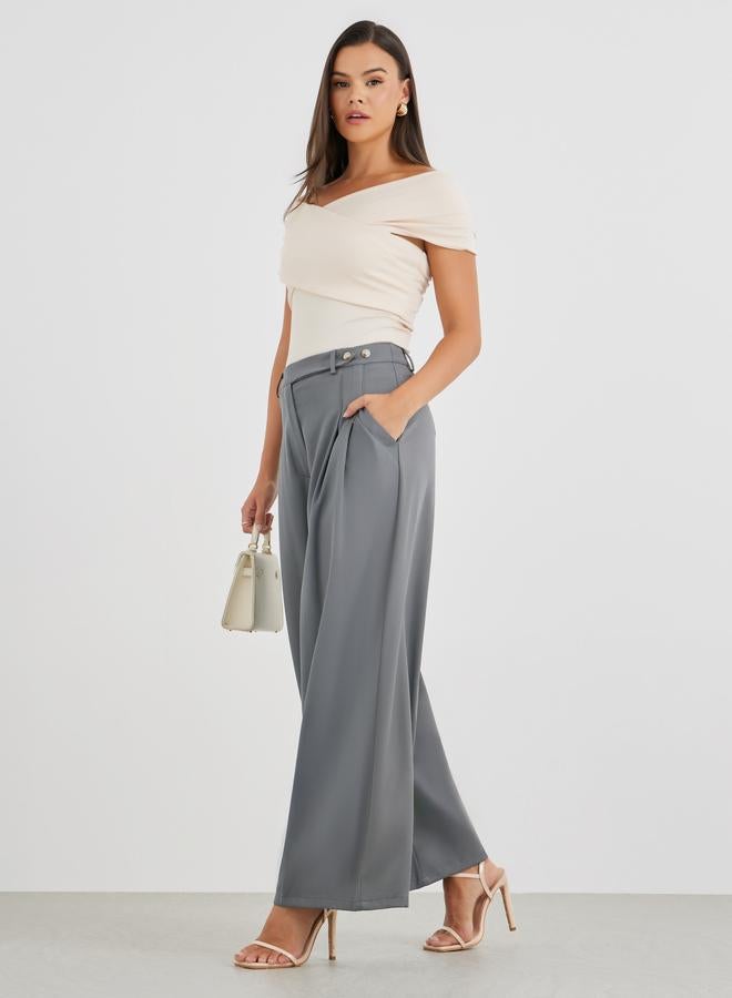 ستايلي بنطلون ستايلي واسع الساق بخصر متوسط وطيات - Image 1