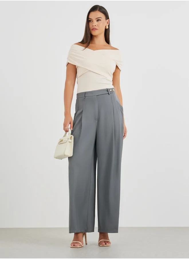 ستايلي Styli Mid Rise Wide Leg Pleated Pants