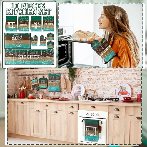 Fourluoo 10 Pcs Farmhouse Kitchen Decor Sets 4 Teal Green Kitchen Dish Towels 2 Teal Pot Holders 2 Oven Mitts Glove 2 Brown Rustic Non Slip Rugs and Mats for Floor Home Decorations Accessories Mom Gifts - Image 3