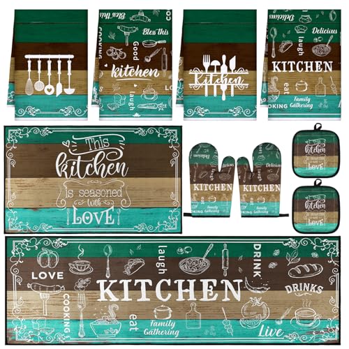 Fourluoo 10 Pcs Farmhouse Kitchen Decor Sets 4 Teal Green Kitchen Dish Towels 2 Teal Pot Holders 2 Oven Mitts Glove 2 Brown Rustic Non Slip Rugs and Mats for Floor Home Decorations Accessories Mom Gifts - Image 1