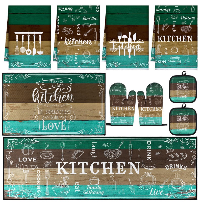 Fourluoo 10 Pcs Farmhouse Kitchen Decor Sets 4 Teal Green Kitchen Dish Towels 2 Teal Pot Holders 2 Oven Mitts Glove 2 Brown Rustic Non Slip Rugs and Mats for Floor Home Decorations Accessories Mom Gifts - Image 2
