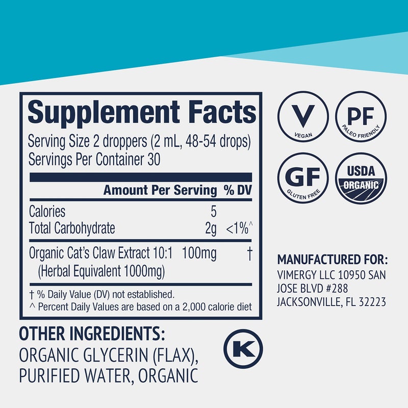 Vimergy Organic Catâ€™s Claw Liquid â€“ Provides Antioxidant Support* â€“ Benefits The Immune System* â€“ Organic, Vegan, Gluten-Free, Non-GMO â€“ 30 Servings (55 ml) - Image 5