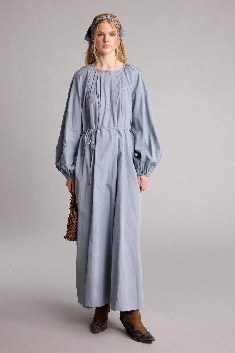 ديفاكتو Manuka x Defacto Regular Fit Crew Neck Poplin Maxi Dress