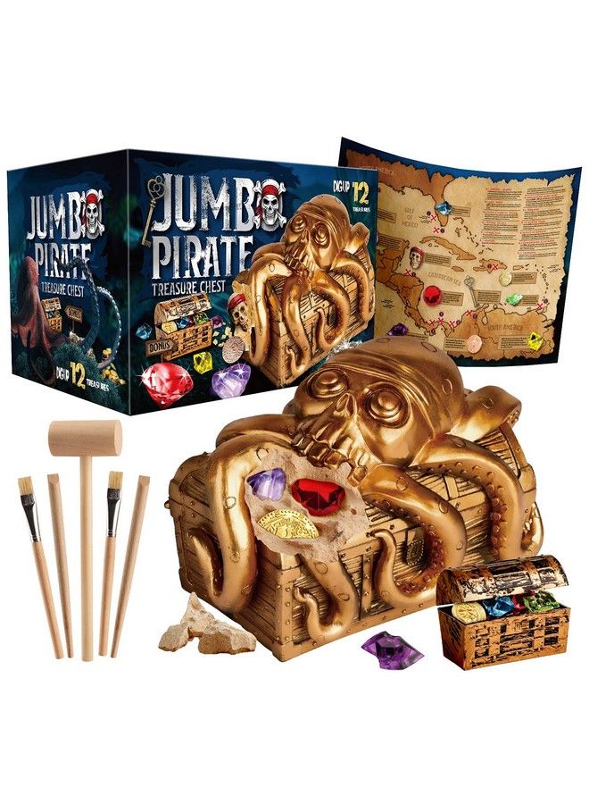XX Toys Jumbo Pirate Dig Kit Dig Up 12 Pirate Treasures Gemstones Gold Coins Pirate Toys For Kids Great Birthday Party Supplies Gifts Idea For Boys & Girls Includes Treasure Chest - Image 1