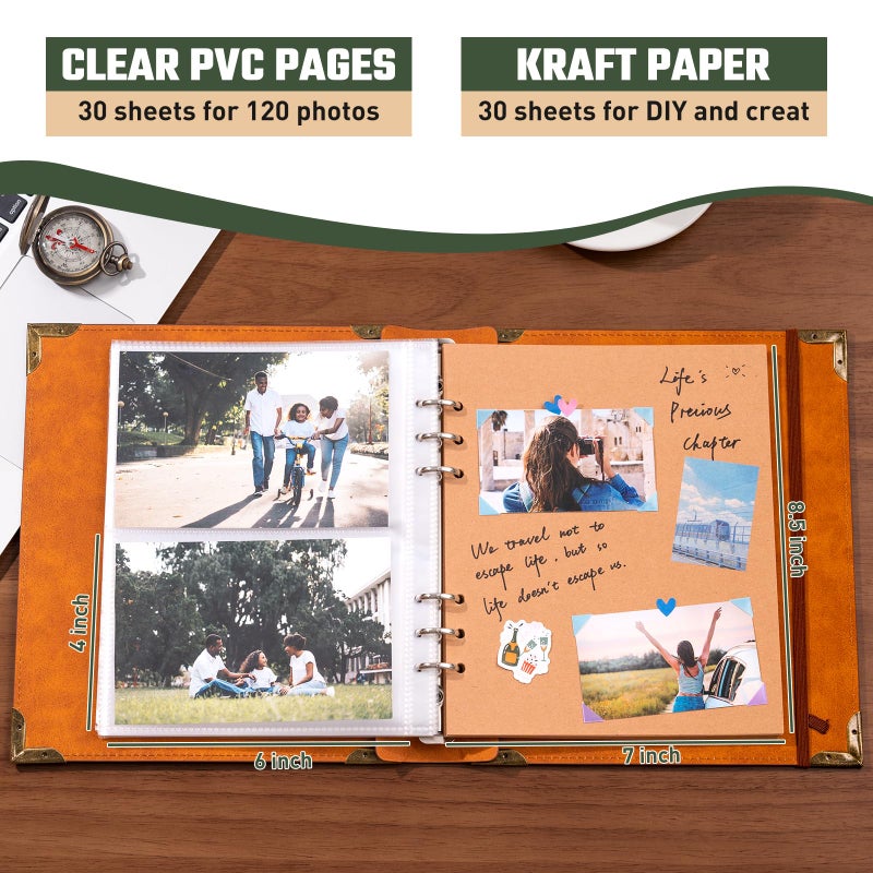 Ovesmusl Vintage Photo Album 4x6 Leather Scrapbook Album with Writing Space 120 Photos & 30 Sheets DIY Paper Memory Albums Book for Anniversary Travel Vacation Family Tree, Brown - Image 3