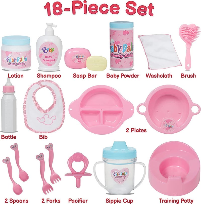 Prextex PREXTEX 18-Piece Baby Doll Accessories Set with Carrying Case - Includes Bottle, Sippy Cup, Pacifier, Bib, Hair Brush, Plates and More, Perfect for Kids, Toddlers, and Girls  - Image 2