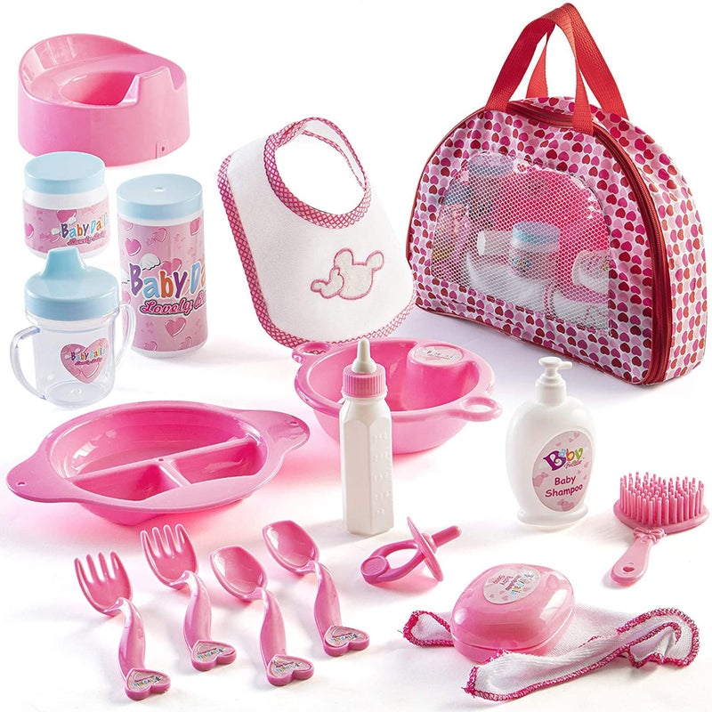 Prextex PREXTEX 18-Piece Baby Doll Accessories Set with Carrying Case - Includes Bottle, Sippy Cup, Pacifier, Bib, Hair Brush, Plates and More, Perfect for Kids, Toddlers, and Girls  - Image 1