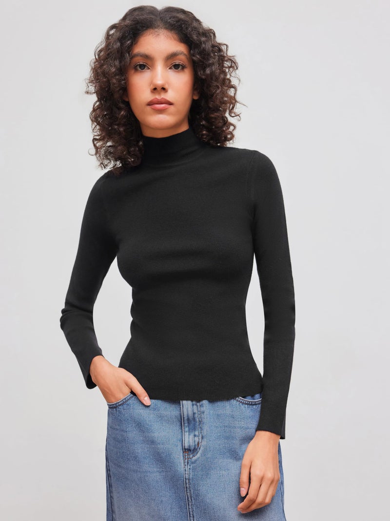 CIDER Womenâ€™s Mock Turtleneck Tops Long Sleeve High Neck Knit Solid T Shirts Sweaters: Black, S - Image 3