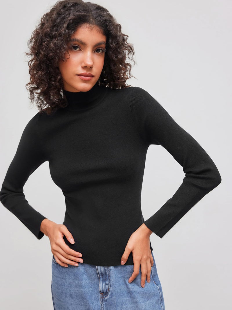 CIDER Womenâ€™s Mock Turtleneck Tops Long Sleeve High Neck Knit Solid T Shirts Sweaters: Black, S - Image 2