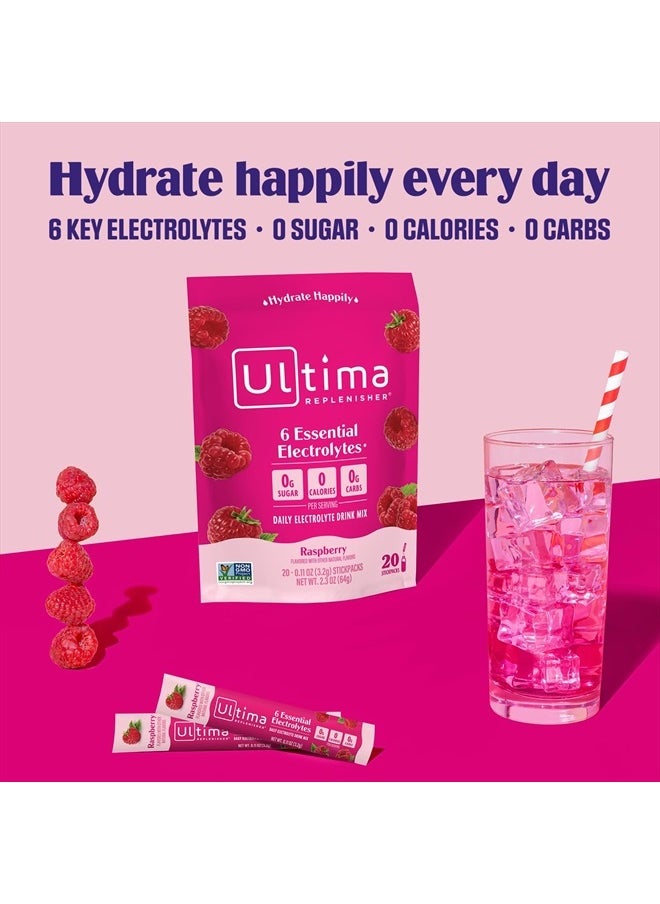 Ultima Replenisher - Daily Electrolyte Powder Drink Mix – Raspberry, 20 Stickpacks – Hydration Packets with 6 Key Electrolytes and Trace Minerals – Keto Friendly, Vegan, Non-GMO and Sugar-Free - Image 1