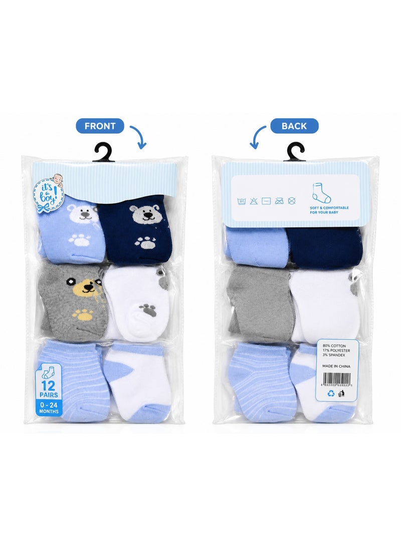 Baby Boys 12 Pairs Soft Ankle Socks, Assorted Colors, Everyday Comfort, 0-24 Months - Image 1