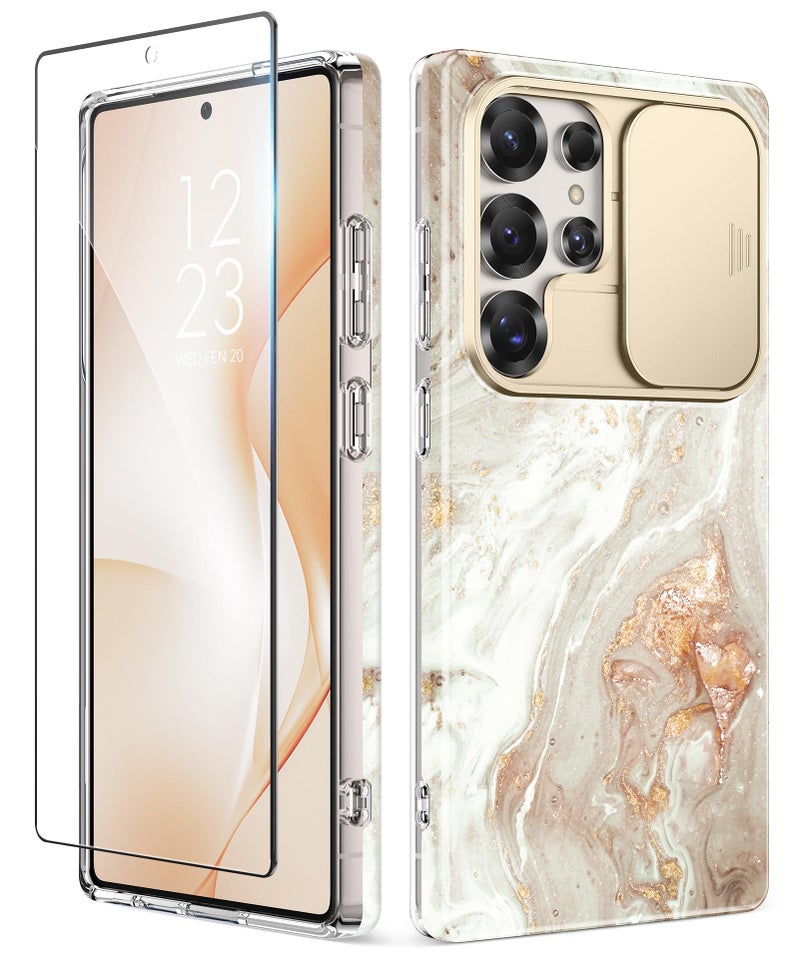 GVIEWIN for Samsung Galaxy S25 Ultra Case with Slide Camera Cover, [Screen Protector] [Shockproof Military Grade Drop Protection] Marble Slim Fit Hard PC Phone Cover S25 Ultra 6.9" 2025 (Pearlescent) - Image 1