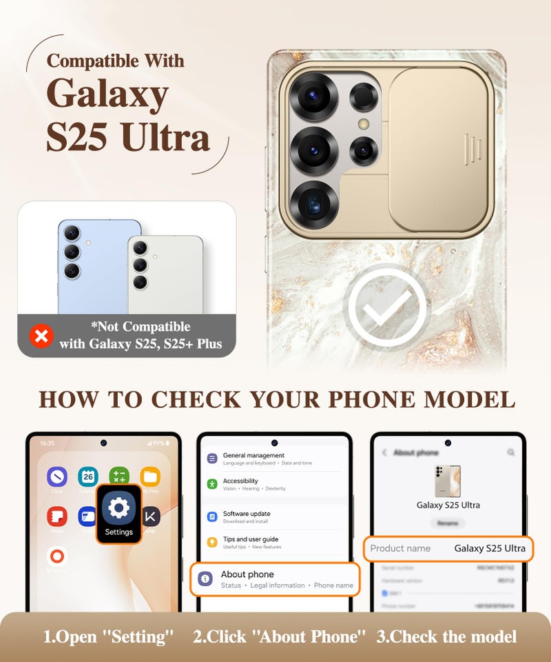 GVIEWIN for Samsung Galaxy S25 Ultra Case with Slide Camera Cover, [Screen Protector] [Shockproof Military Grade Drop Protection] Marble Slim Fit Hard PC Phone Cover S25 Ultra 6.9" 2025 (Pearlescent) - Image 2