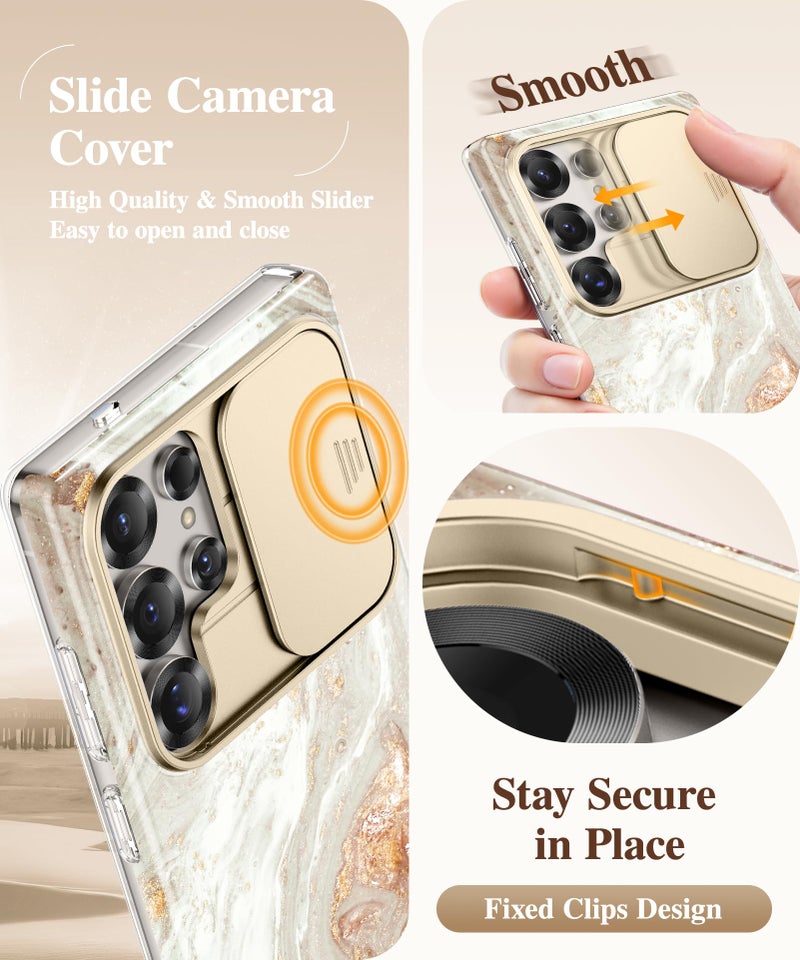 GVIEWIN for Samsung Galaxy S25 Ultra Case with Slide Camera Cover, [Screen Protector] [Shockproof Military Grade Drop Protection] Marble Slim Fit Hard PC Phone Cover S25 Ultra 6.9" 2025 (Pearlescent) - Image 3